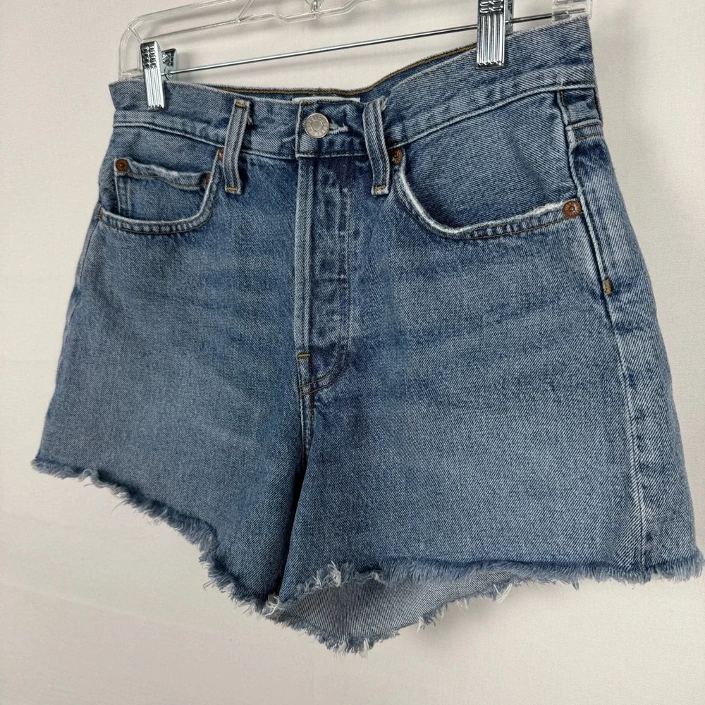 AGOLDE Parker Long High Rise Denim Shorts 26 Blue Frayed Hem